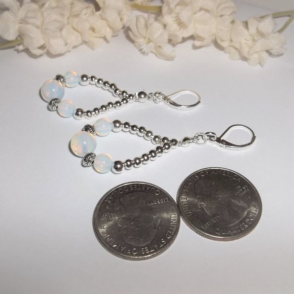 Beaded Hoop Earrings Set Faux Opal Rainbow Moonstone and Silver Teardrop 7021 - Picture 6 of 9